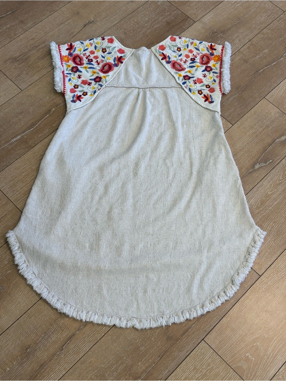 Boho Floral Embroidered Linen Blend Hi-Low Shift Dress Fringe Trim Size M Umgee - Picture 7 of 8